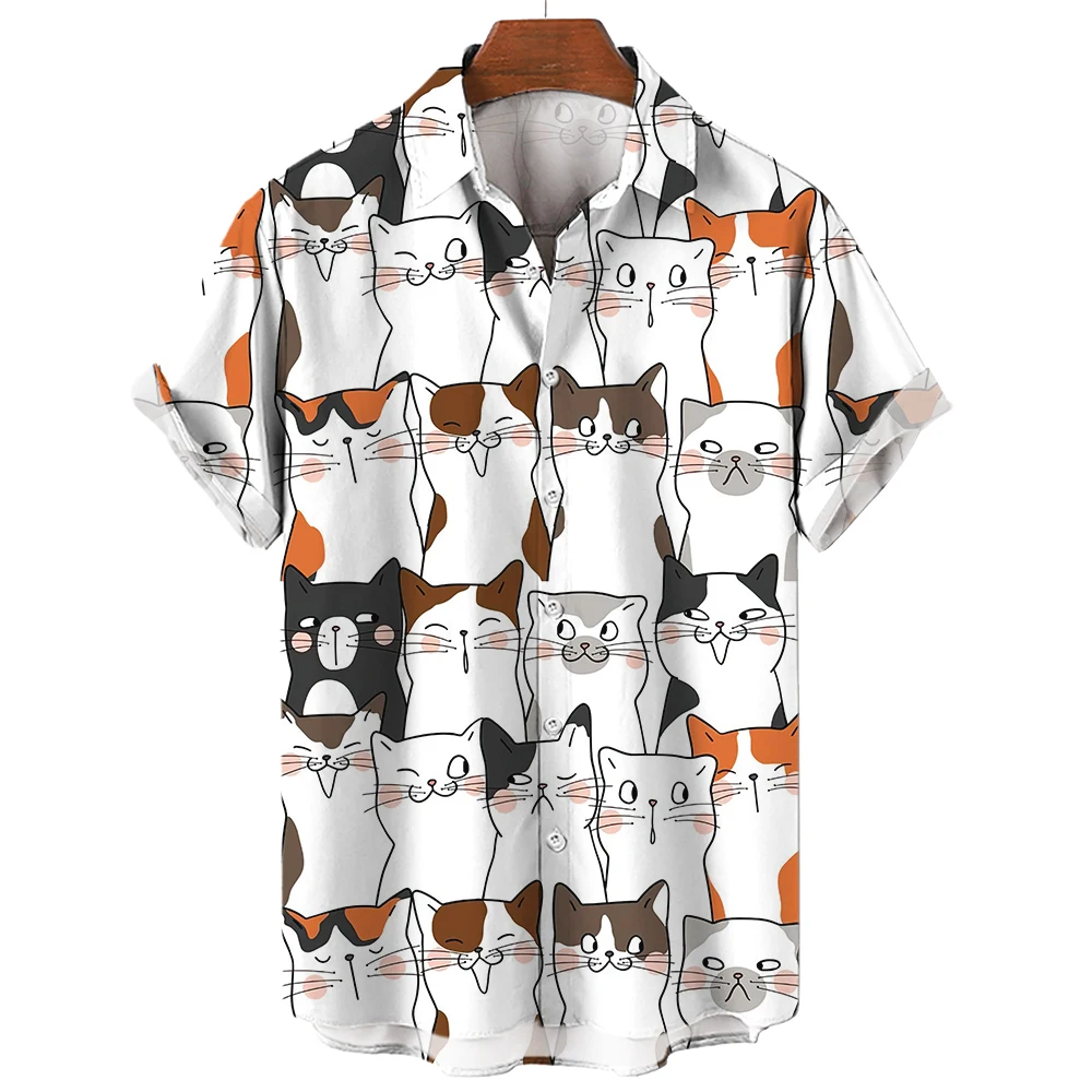

Men's Shirt Hawaiian Short Sleeve Male Clothes Fashion Button Shirt For Men Kawaii Kitten Top T-shirt Harajuku Cute Blouse 5xl