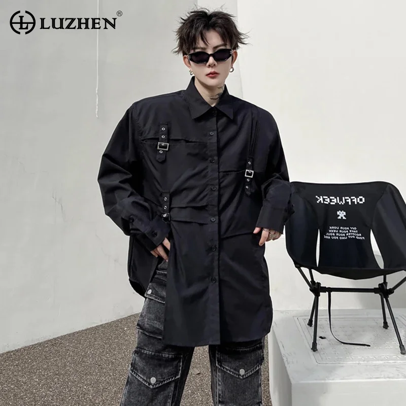 

LUZHEN 2024 Spring New Fashion Personality Metal Buckle Splicing Design Loose Casual Shirt Men High Street Original Tops 71c0f6