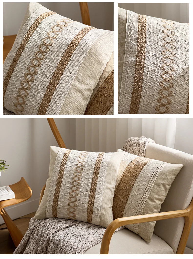 Luxuriöse, strukturierte, gestreifte, gewebte Boho-Kissenbezüge, weiche Leinen-Kissenhüllen in rustikalen, neutralen Farben, dekorative Kissenbezüge für Sofa- und Bettdekoration – Detail 11