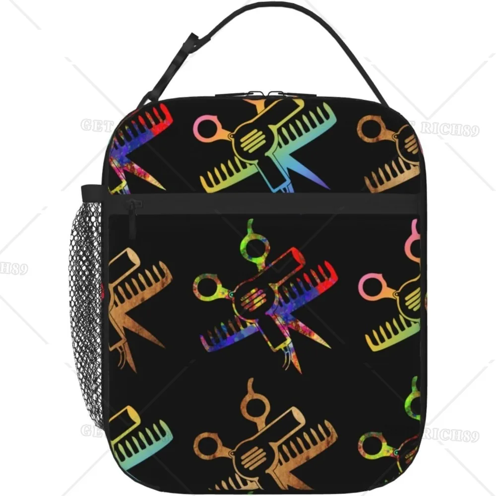 

Scissors and Comb Hair Stylist Salon Black Lunch Bag for Woman Man Insulated Lunch Box with Pocket for Work Picnic or Travel