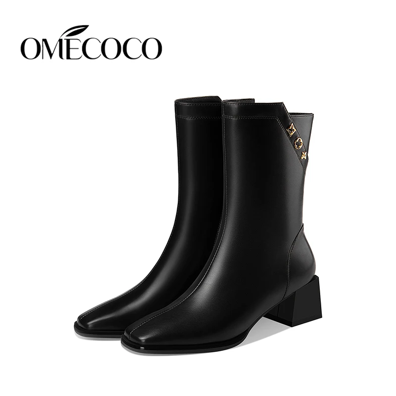 

Square Head Leather Medium Boots for Women 2022 Winter New Thick Heel Medium Heel Short Boots With Plush Fashion