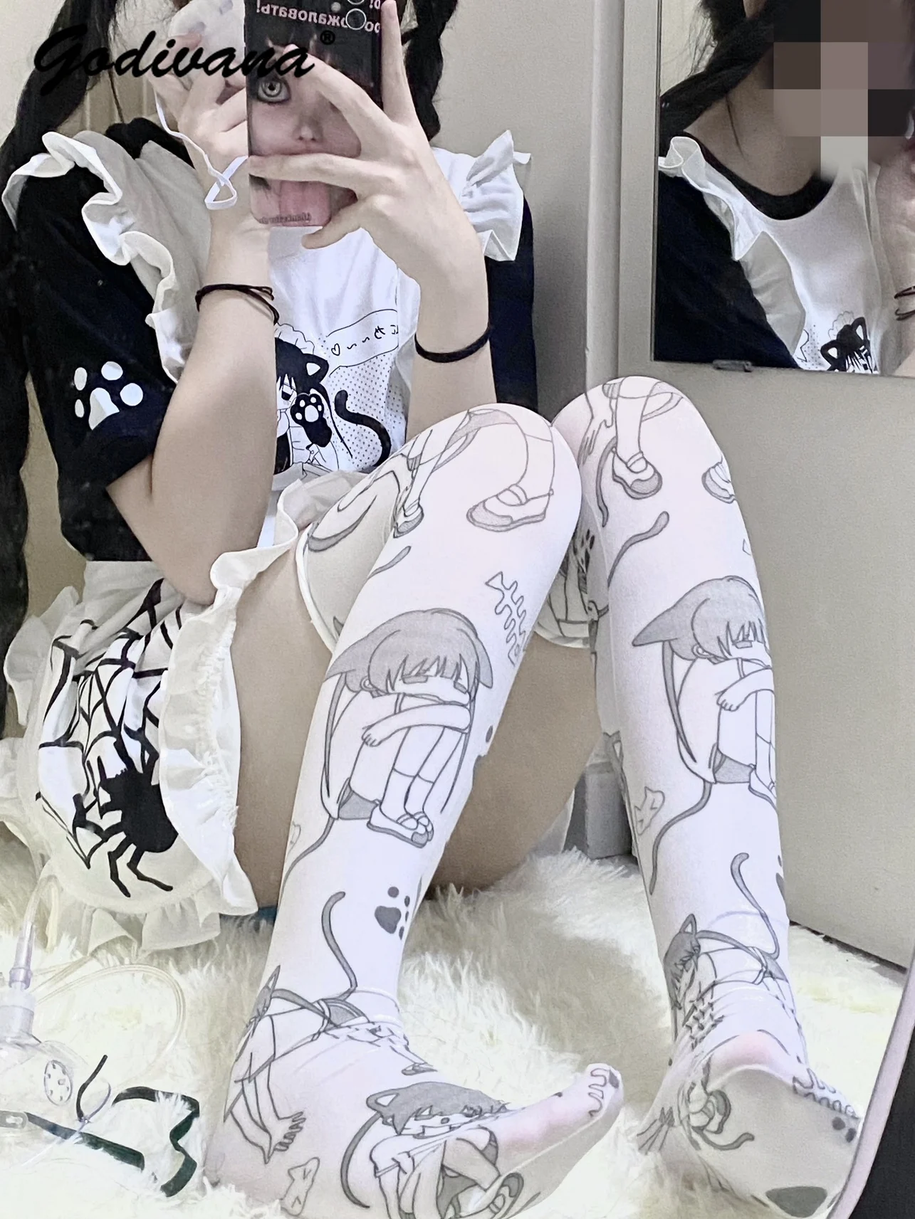 Y2K Cute Cat Printing Socks Black and White All-Matching Sweet Velvet Above Knee Socks Student Girls Stockings