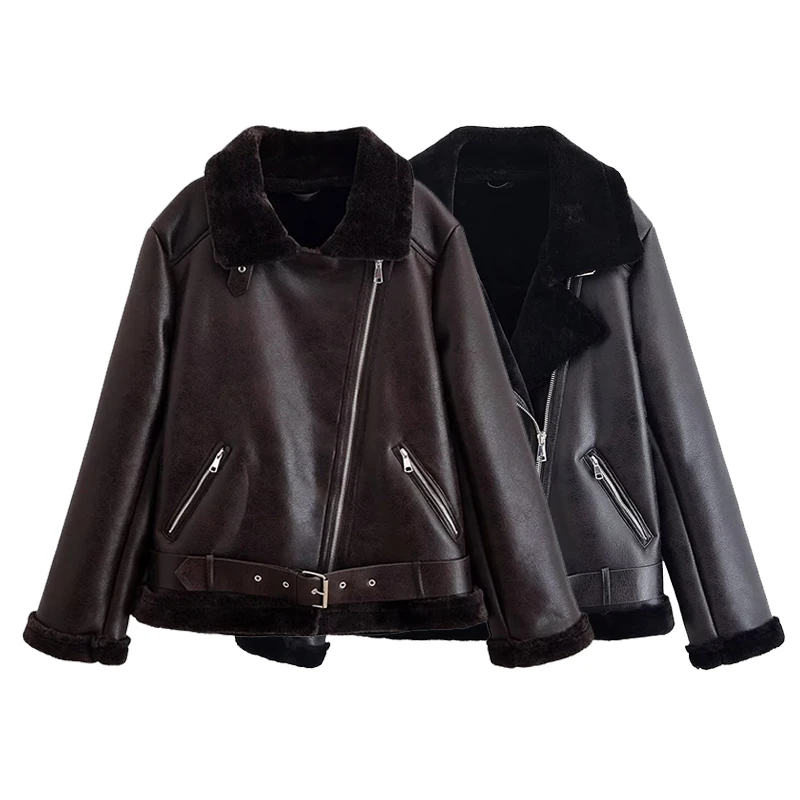 2025 Winter Women Faux Fur Leather Jacket Casual Thick Warm Jackets High Street Motorcycle Coat Long Sleeve Belt New Outerwears