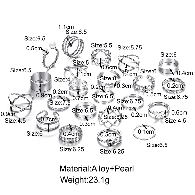 Ring set Vintage Hollow Heart Butterfly Rings Set For Women Metal Silver Geometric Spiral Shape 22pcs