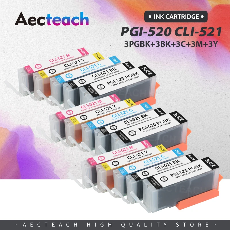 

Aecteach new Full Ink Cartridge PGI 520 CLI 521 XL for Canon Pixma MP540 MP550 MP560 MP620 MP630 MP640 MP980 MP990 MX860 MX870