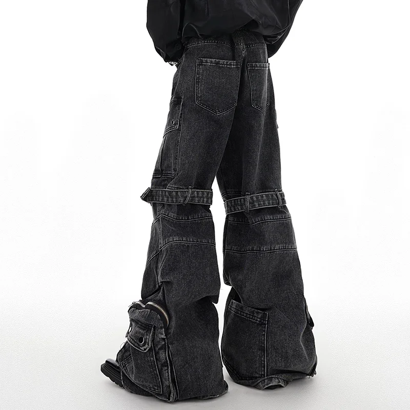 IEFB Multi-pocket Jeans Three-dimensional Lace-up Design Wide-leg Overalls 2024 Autumn Streetwear Black-grey Denim Pants 24X1350 4