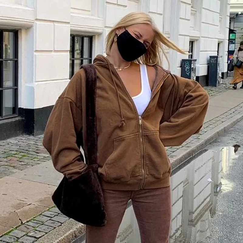 Y2k Brown Hoodies Women Sweatshirts Oversized Hoodie Pocket Harajuku Coat Femme 2021 Autumn Zipper Tops Korean Style Streetwear