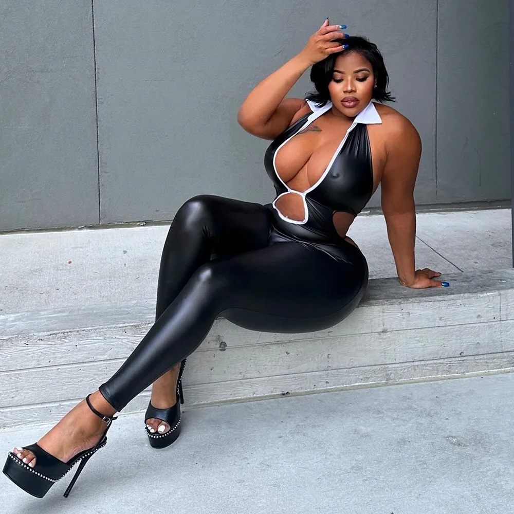 Backless Hollow Out Jumpsuit Women 2024 Summer Fashion New Shirt Collar Sleeveless Bandage Low-Neck Overalls Streetwear