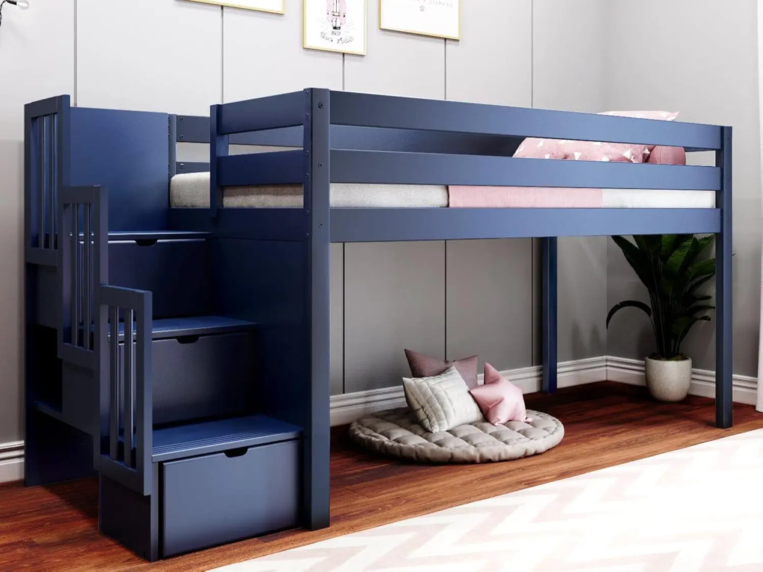 Contemporary Low Loft Twin Bed with A 3 Drawer Stairway Blue Made with Solid Wood Including Knot Free New Zealand Pine