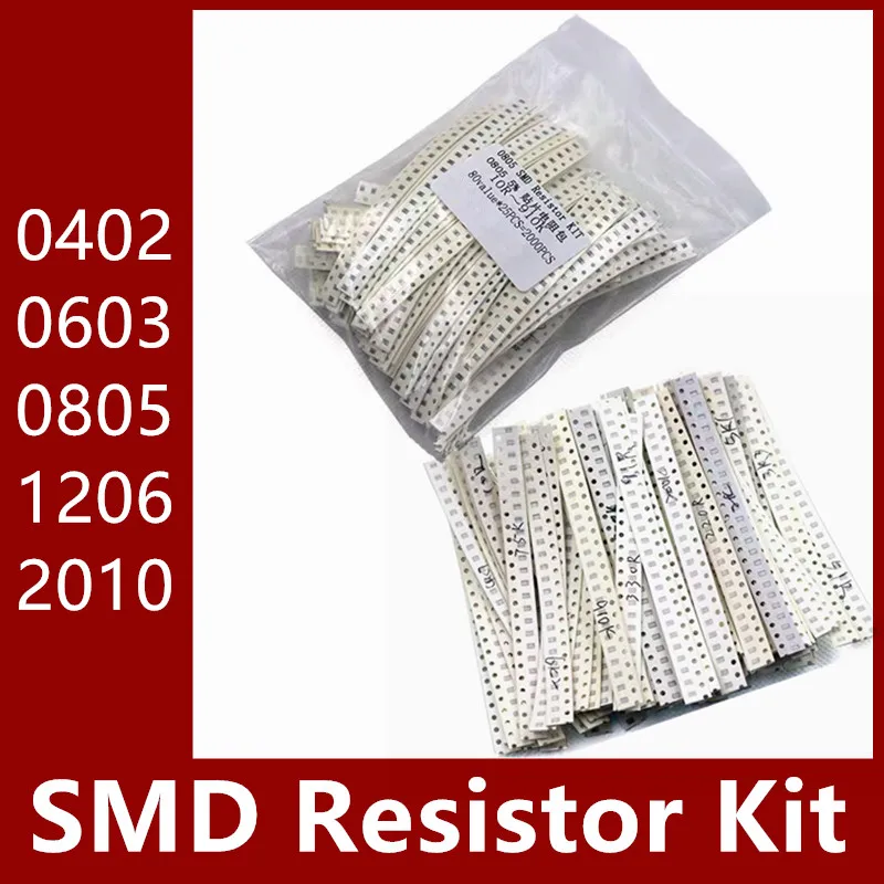 80values X25pcs/50pcs 0402 0603 0805 1206 2010 SMD Resistor Kit 10R 1K 10K 100K 1R 1M Assorted Kit 10ohm-910K ohm 5% Sample Kit 50pcs lot resistor capacitor inductor ic smd smt components sample book empty page for 0402 0603 0805 1206 electronic component