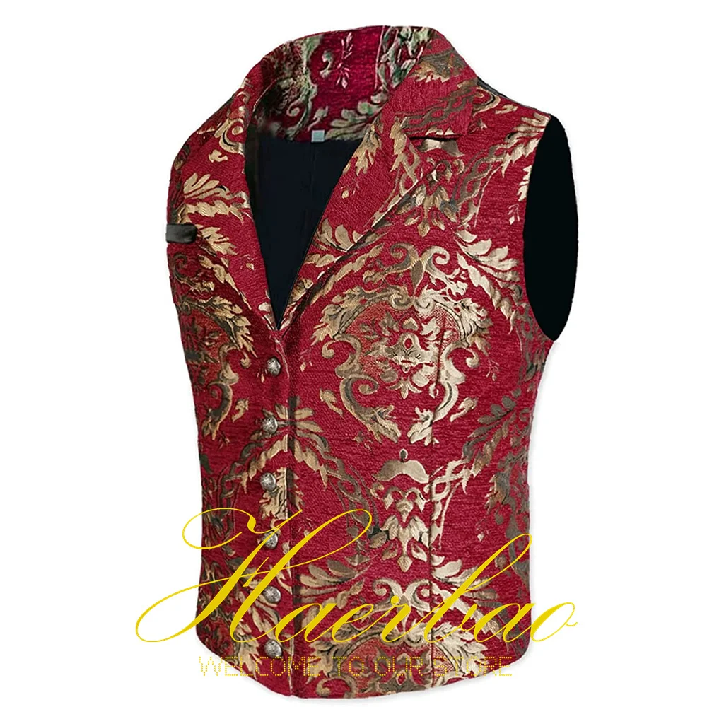 Men's Suit Vest Gold Calico Pattern Lapel Sleeveless Jacket Formal Party Waistcoat Fashion Vests chaleco hombre