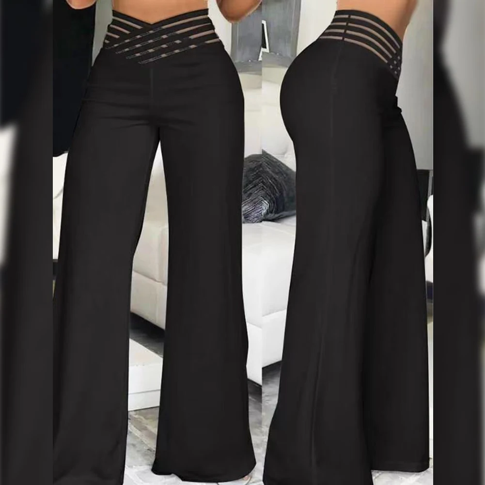 

Women Autumn Y2K Crisscross Sheer Mesh Patch Wide Flared Pants Casual Trousers Work Pant High Rise Elegant Female Long Pants