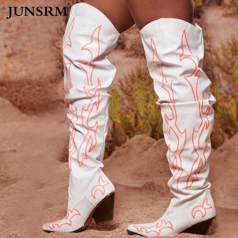 

Flame Embroidered Over The Knee Boots Winter Leather Mixed Color Chunky Heel Long Thigh Botas Fashion Runway Western Cowboy Shoe