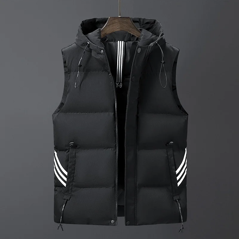 Men's Drawstring Hooded Thick Pocket Solid Color Vests Winter New Fashion Trendy Striped Sleeveless Zipper Button Cardigan Coats