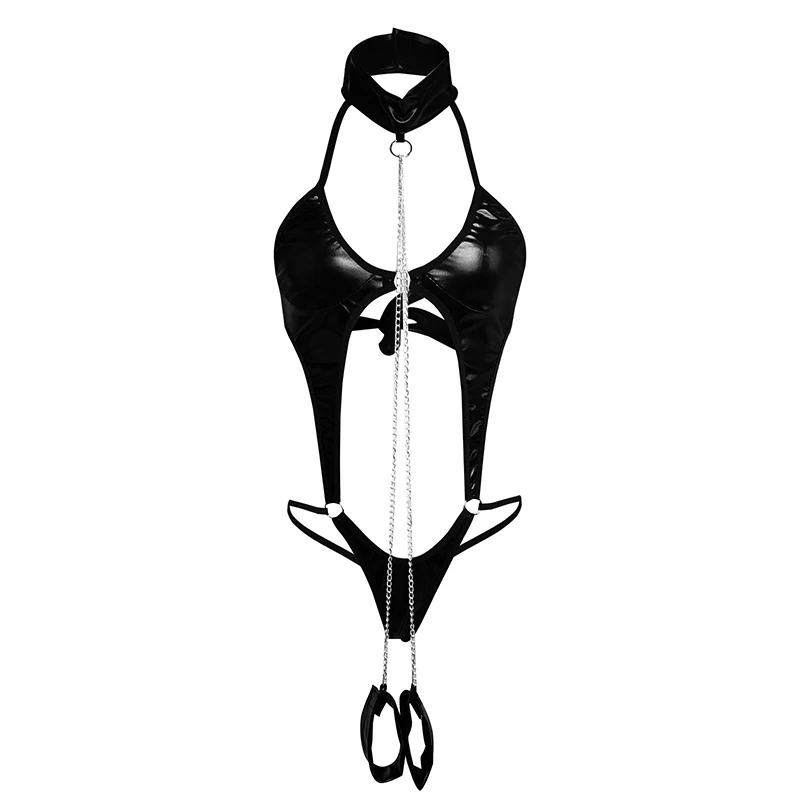 Bodysuit Women Oversized Black Patent Leather Sexy Lingerie Catsuit Latex Tempting Exciting Sleepwear Handcuffs Crazy Night sexy lingerie