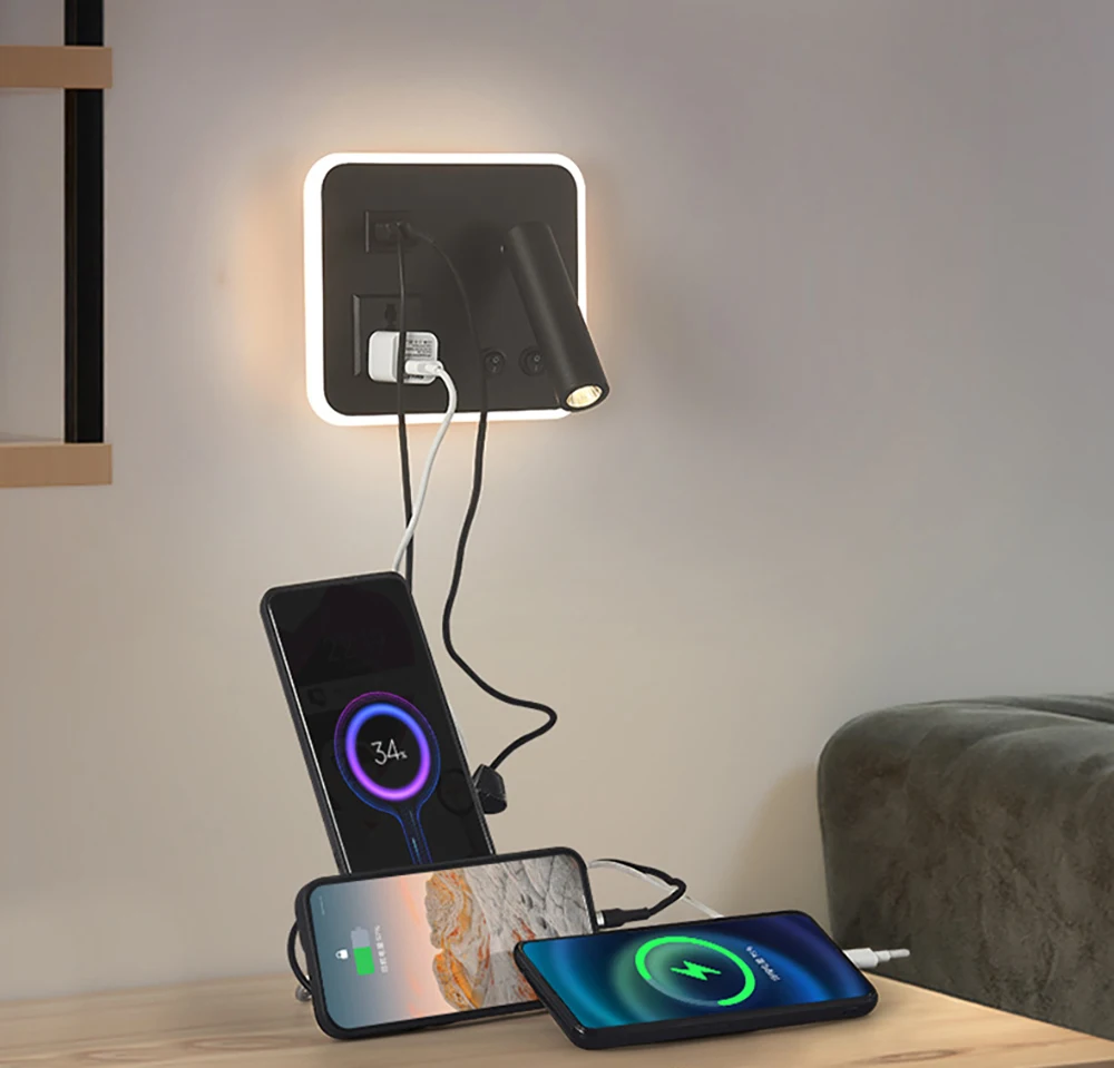 

AC110V 220V with USB and Plug Reading Wall Lamp Hotel Living Room Bedroom Bedside with Wireless Charging LED Wall Lamp