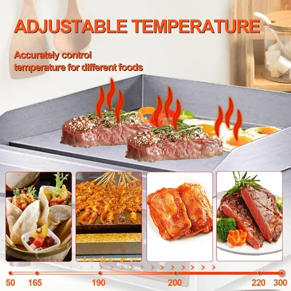 Commercial Electric Grill,14" Griddle 1600W 110V Non-Stick Restaurant Teppanyaki Grill Stainless Steel Adjustable Temperature 5
