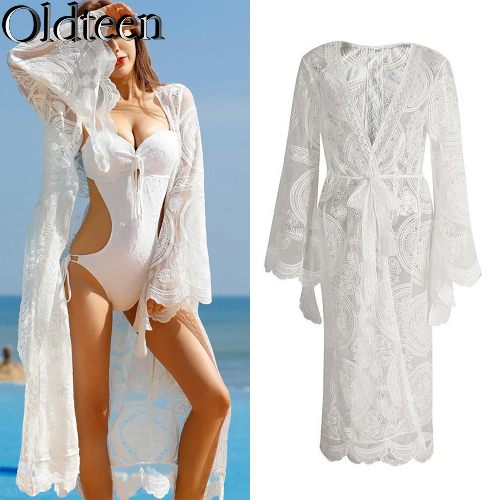 

New Belt Sunscreen Clothing Women's Long Dress Cardigan Beach Wear Sunscreen Dress Speaker Long Sleeve Lace Swimwear Cover Up