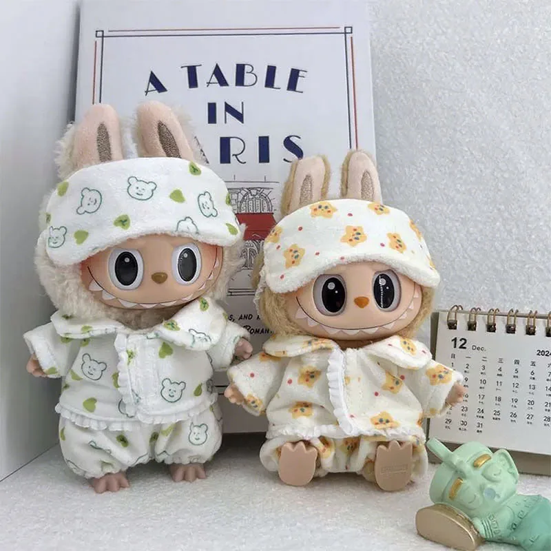 For Labubu Mini Three-piece Pajamas Set with Eye Mask  Cute Idol Plush Doll Clothes 15-17cm V1 V2 Kids Gift Accessory