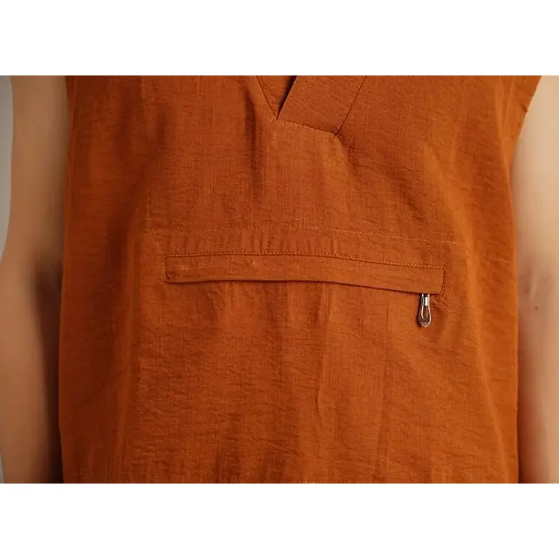 Chinese Tibetan Buddhism Lama Thailand Monk Summer Shirt Men Tops Vest Zen Brown