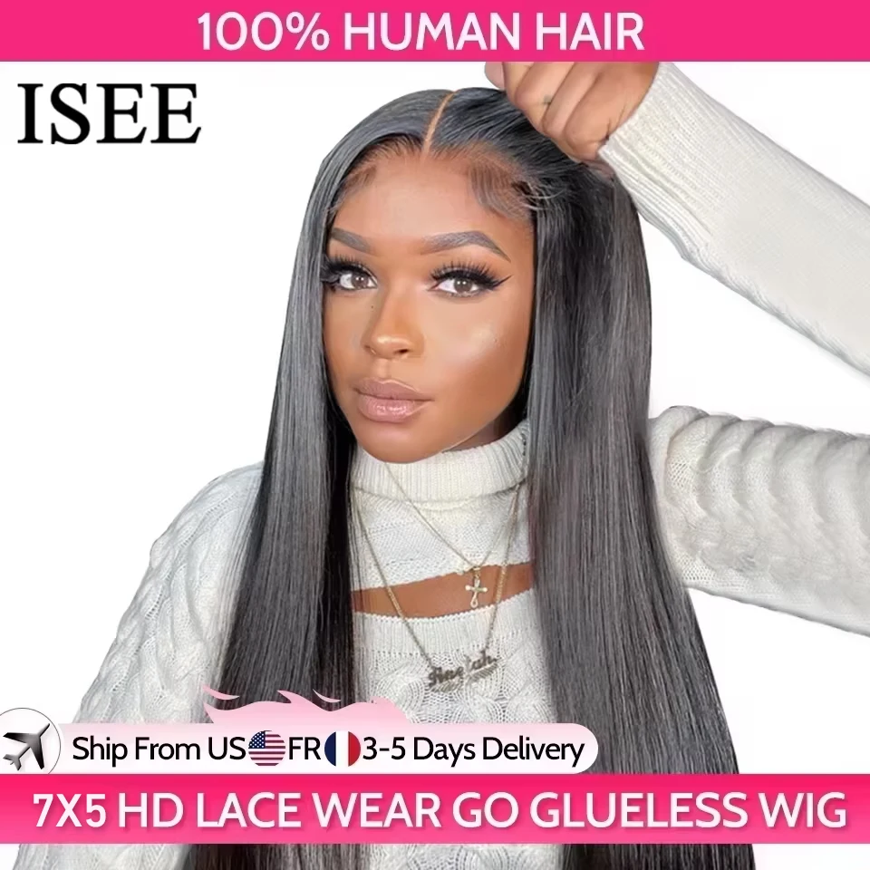 Human Hair Wig ISEE Hair Glueless Wigs Human Hair Ready To Wear Straight Glueless Preplucked Wear And Go Wigs 7x5HD Lace Front PreCut Lace