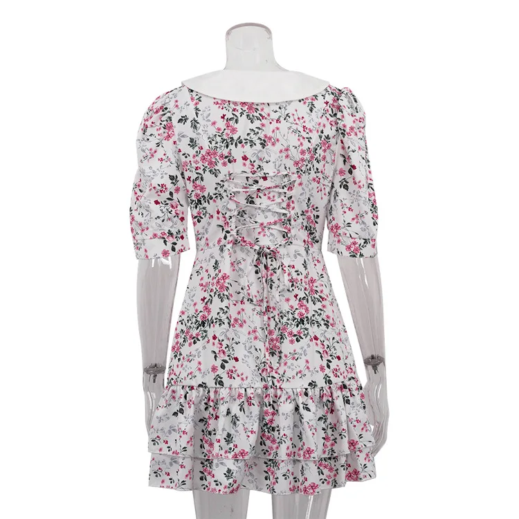 Printed Ruffled V-Neck Mini Dress Female Short Sleeve Fashion Slim High Waist Elegant Party Dress Women's Summer Dress New