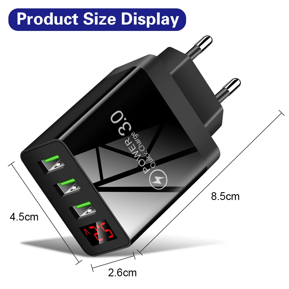 3.1A 3 Port USB Charger Fast Charge Wall Charger For iPhone Samsung Xiaomi Huawei Quick Charge LED Display Phone Charger Adapter