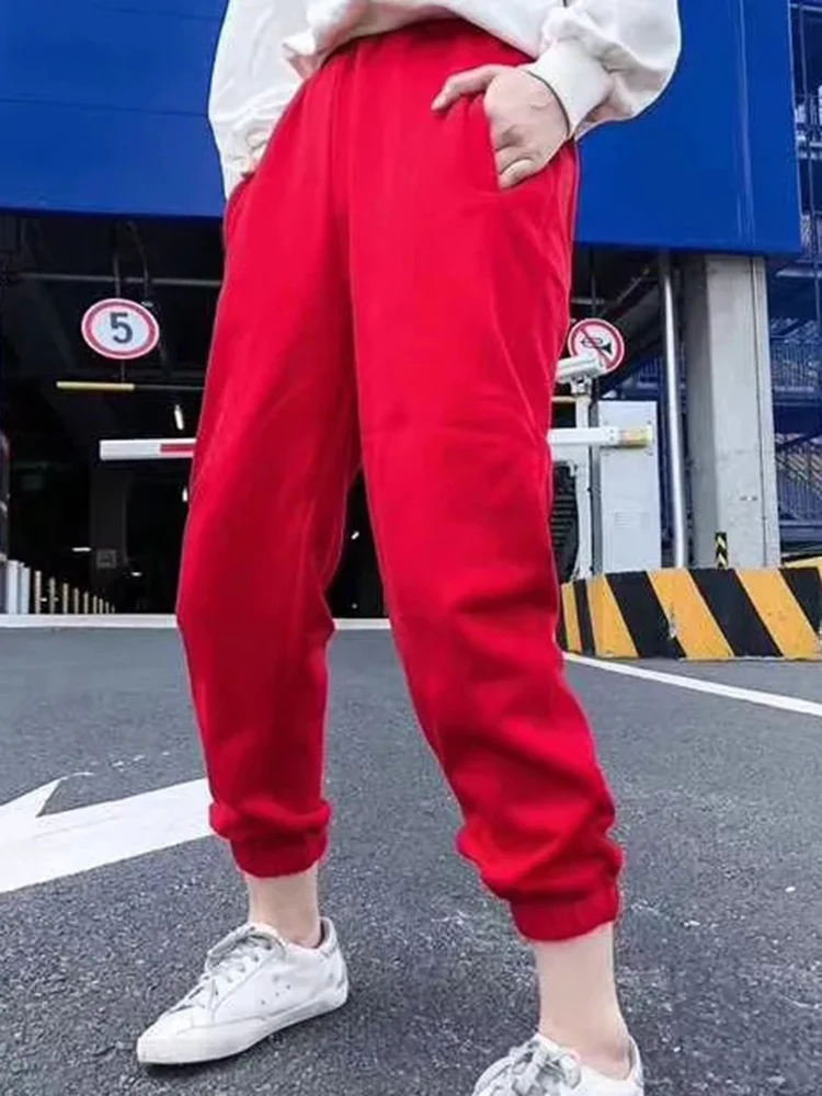Warm 15 Colors Casual Velvet Lined Jogger Pants Women Korean Winter High Waist Lace Up Pantalones Chic Snow Wear Thicken Spodnie