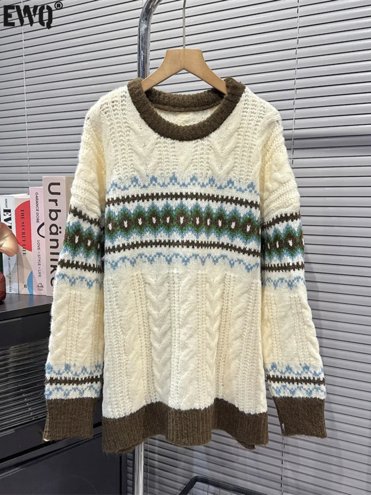 

[EWQ] Vintage Twist Stripe Contrast Color Thick Knit Pullover Sweater Women Loose Warm O-neck Jumper 2023 Autumn Winter 23A6278