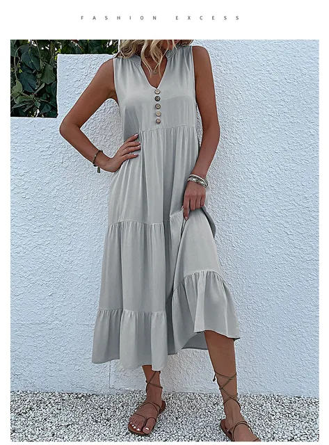 Vestito Estivo Donna In Cotone - Scollo A V, Senza Maniche, Con Volant E Tasche, Stile Boho Chic - Foto 13