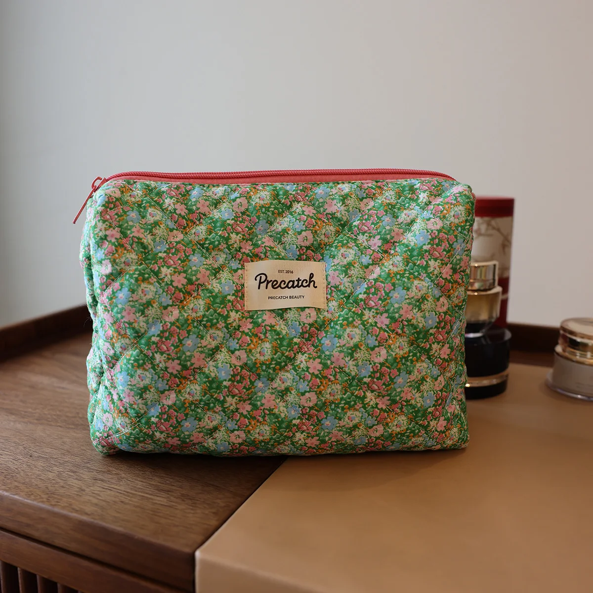 

Flower Pattern Stitched Cosmetic Bag Organizer Makeup Bag Floral canvas Large capacity Travel
