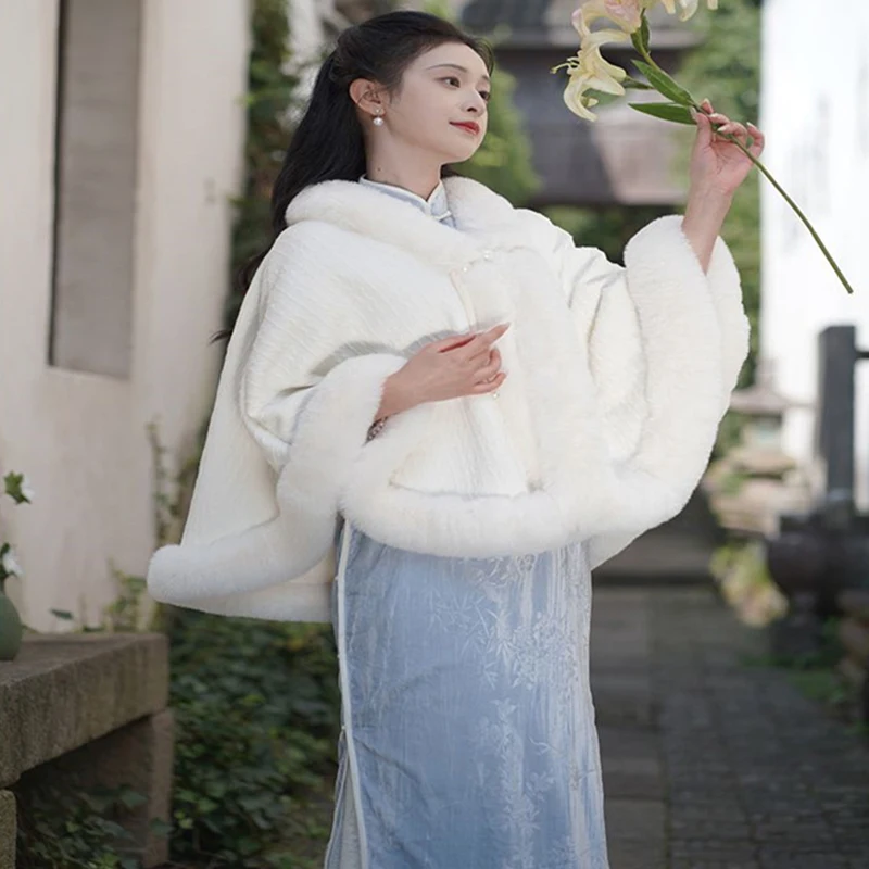 

Fairy Cloak Poncho Cape Cardigan Tops Chinese Style Plush Warm Shawl For Qipao Cheongsam Thicken Fall Winter Lady Overwear Party
