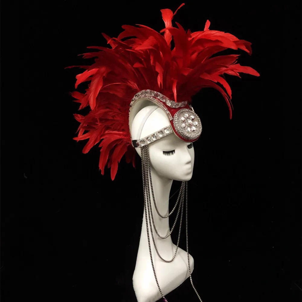 Female Singer Dancer Stage Performance Crystals Headdress Accessories Black Red Feather Rhinestones Hat Jazz Dance Cap Headgear
