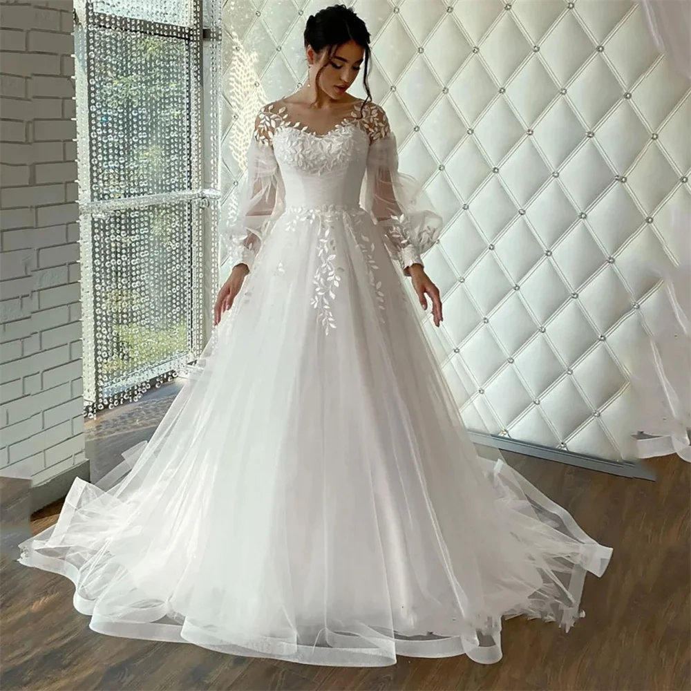 

Darla Elegant O-neck Wedding Dress For Women Sweetheart Long Sleeves Lace Applique A Line Bride Gowns Sweep Train Robe De Mariée