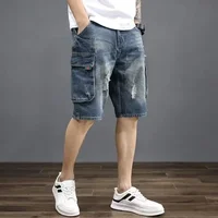 Summer New Men's Ripped Five-Point Jeans Shorts Casual Loose Straight Thin Style Lightweight Fashionable Mid-Length Denim Shorts