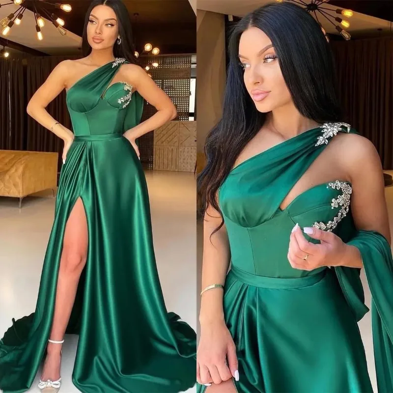 

Wakuta Women's One Shoulder Satin Prom Dresses with High Slit Long A-Line Beaded Formal Evening Gowns vestido de noiva