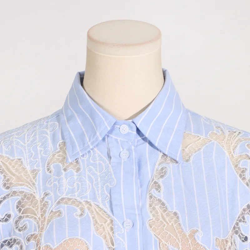 Women Shirt Pinstripe Lace Hollowed Out Patchwork Design Loose Long Sleeves Formal Office Lady Work Wear Jacket