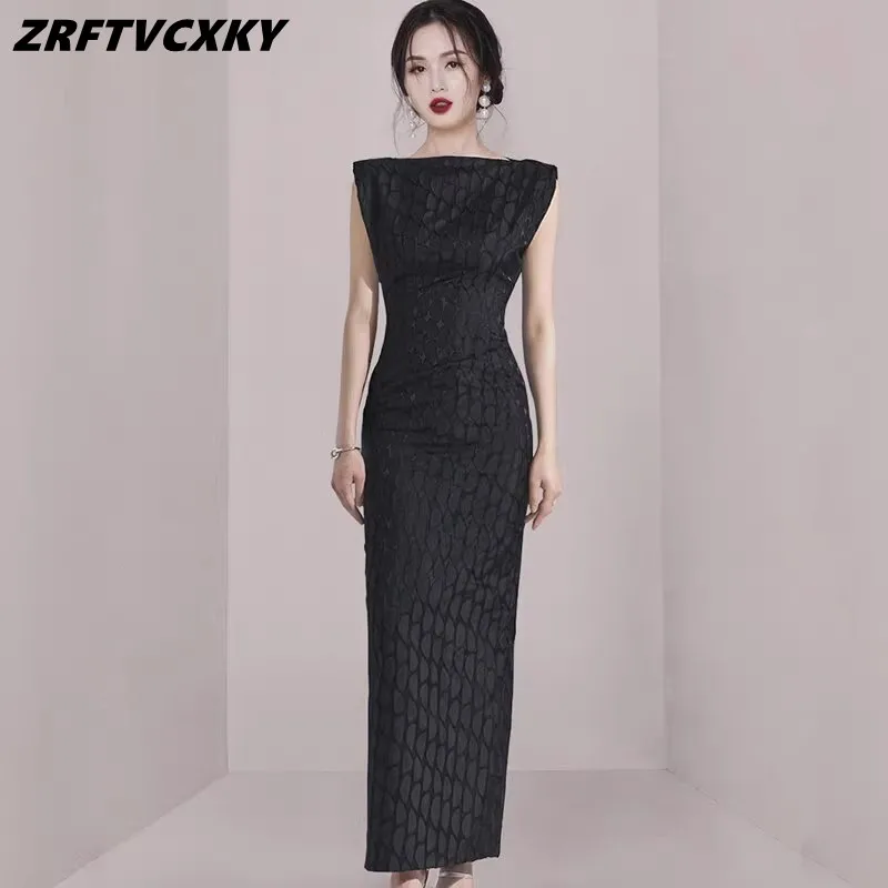 

Temperament High-End Women Summer Long Dresses Korean Elegant Sleeveless Ladies Fashion Split Black Jacquard Midi Dress Robes