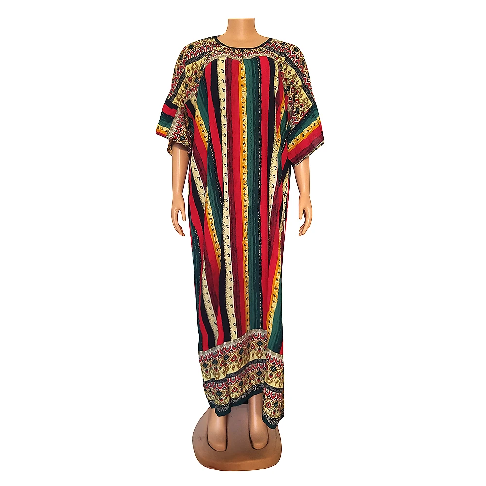 

Модные африканские платья в полоску Abayas Dubai с круглым вырезом и коротким рукавом летучая мышь халат хлопковое свободное Макси-платье с большим шарфом для отдыха
