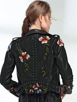 Ftlzz Women Floral Print Embroidery Faux Soft Leather Jacket Coat Turn-down Collar Casual Pu Motorcycle Black Punk Outerwear 5