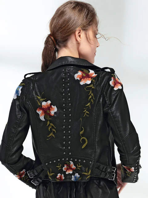 Leather jacker with floral embroidery