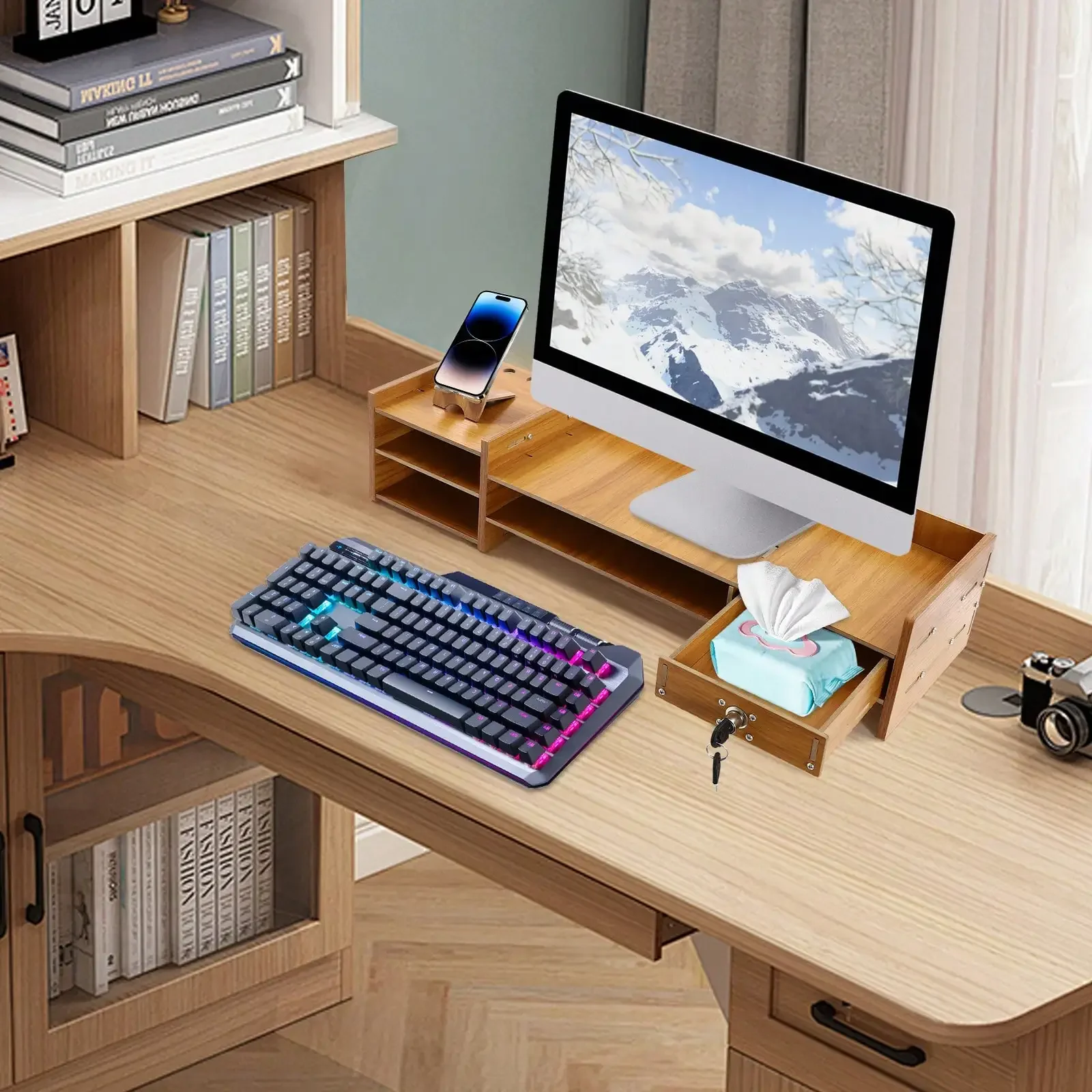 Computer Monitor Stand with Lock, 2 Keys Desktop Laptop Rack with Drawers, with Phone Holder, Wood