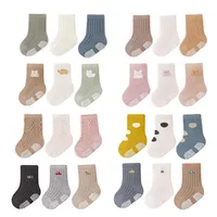 New 3 Pairs/Lot Autumn Winter 0-5Y Baby Boys Girls Non-Skid Embroidery Cartoon Socks Children Pure Cotton Solid Gripper Socks 1