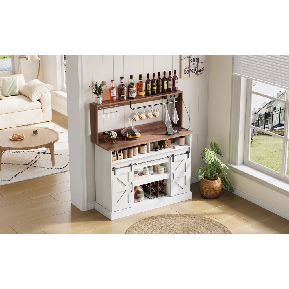 Landhausstil Kaffee-Bar Sideboard mit Glashalter 2 AC+2 USB-Anschlüsse Schiebetüren Stauraum Platzsparende Hausbar-Möbel – Detail 24