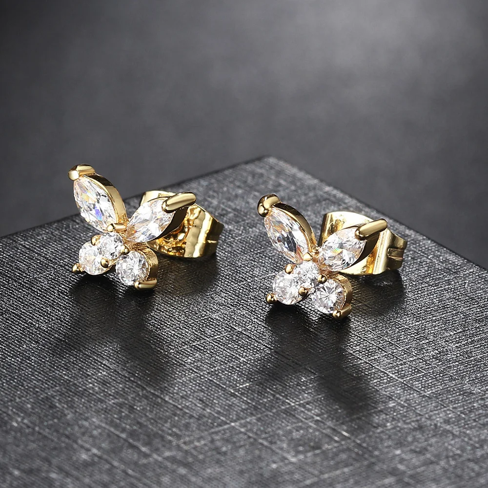 Goldfarbene Schmetterlings-Ohrstecker für Damen, koreanischer Stil, zierliche Zirkonia-Ohrstecker, Ohrschmuck, Damenschmuck, Geschenke – Detail 7