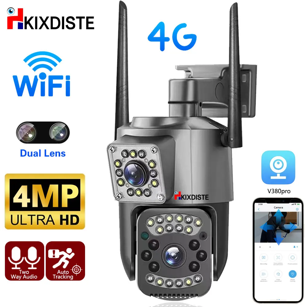 

4MP 2K PTZ IP Camera Wifi 4G Sim Card Dual Lens Outdoor Security Camera Night Vision Surveillance CCTV Wireless Cameras V380 Pro