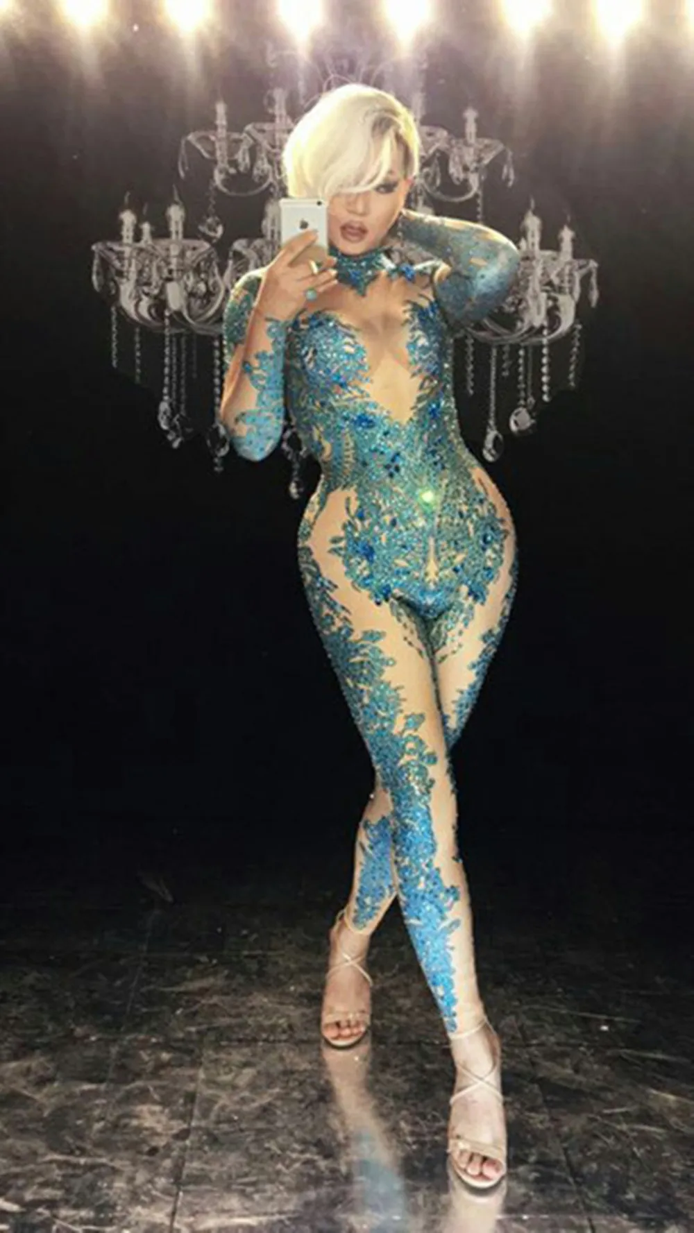 Nightclub Women Leotard Rose Red Rhinestones Stretch Jumpsuit Crystals Rompers Sexy DJ Pole Dance Acrobatics Performance Costume
