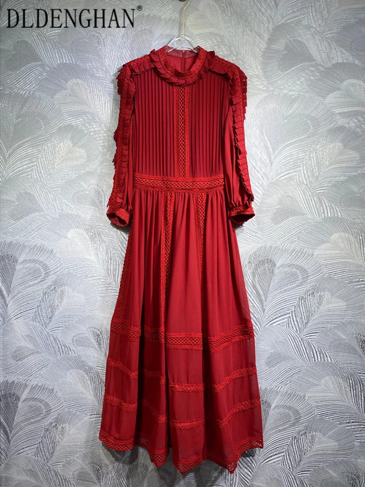 

DLDENGHAN Summer Long Dress Women Stand Collar Lantern Sleeve Ruffles Draped Red Vintage Dresses Fashion Designer New