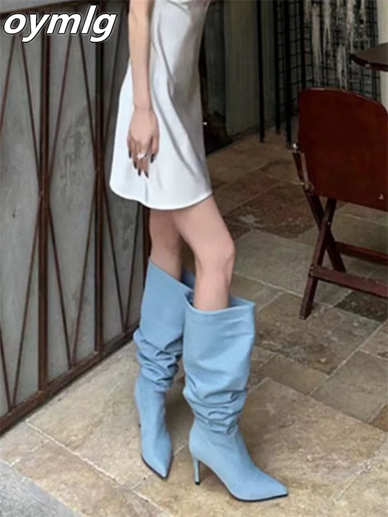 Wide tube large circumference denim pile up boots children's new summer 2023 pointed high heels long boots thin heels high boots