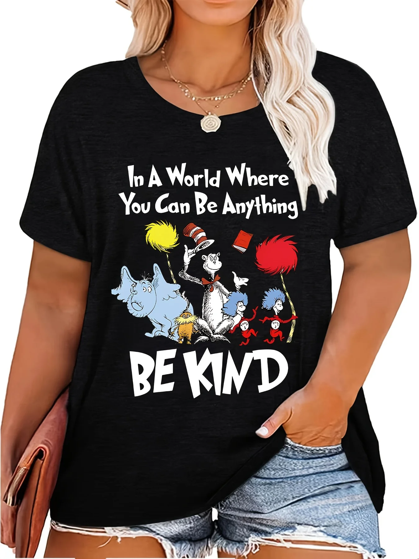 

Plus Size Casual T-shirt, Women's Plus Animal & Letter Print Short Sleeve Round Neck Medium Stretch Top